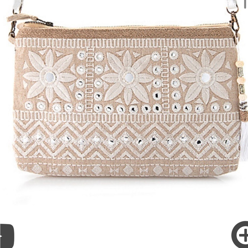 NWT Indigo Moon "Rupa" Embroidered Canvas Mirror Detailed Shoulder Bag